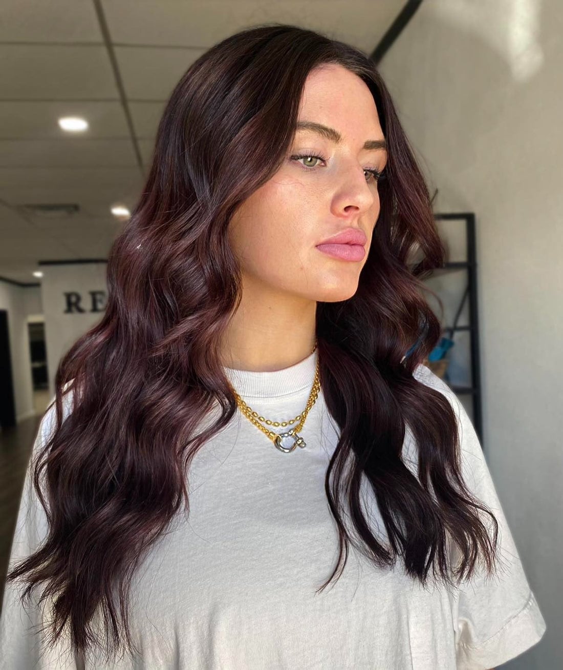 Long Waves With Dark Brown Base And Mahogany Tones — Classy Mahogany Hair