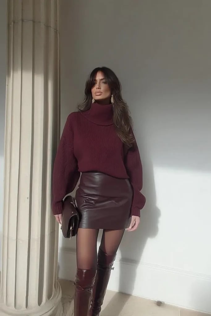 Monochromatic Maroon Knit and Leather Set Monochromatic Maroon Knit and Leather Set — Classy Maroon Outfits