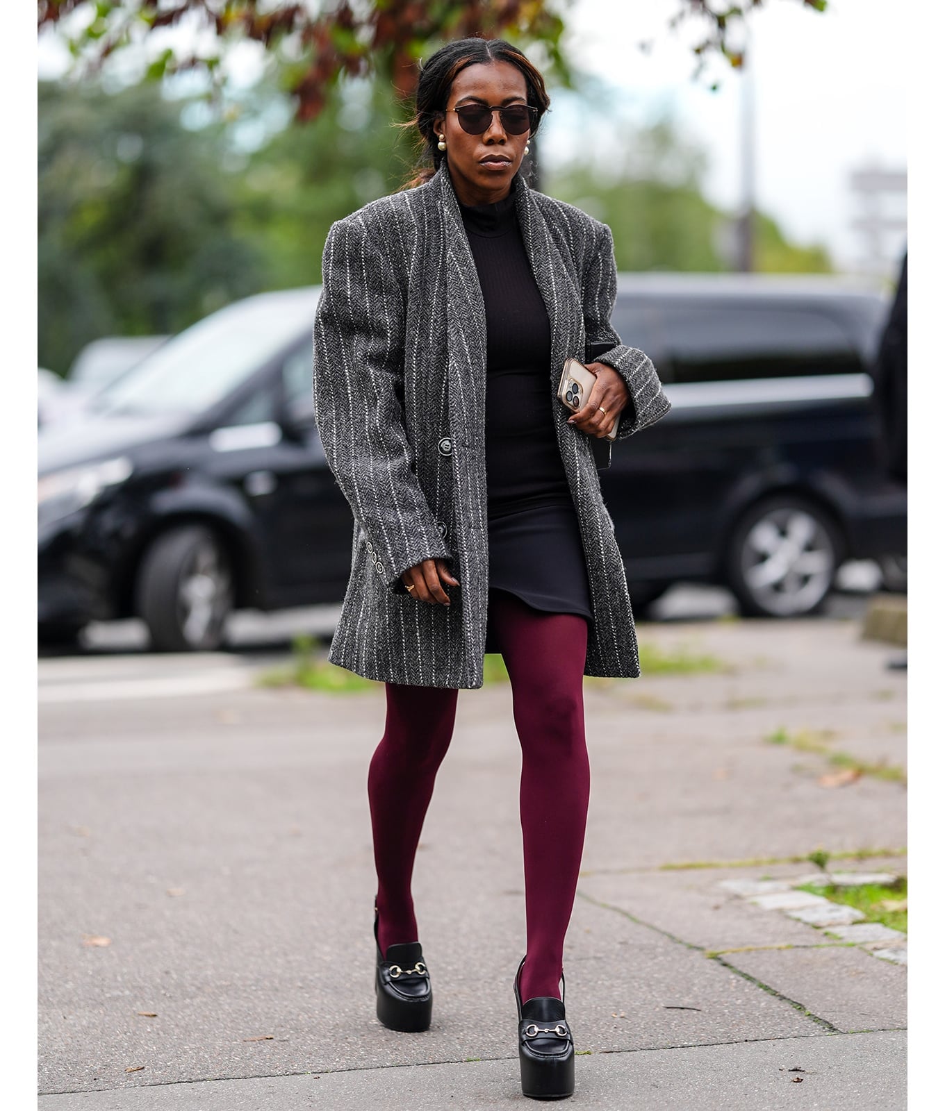 Pinstripe Blazer with Maroon Tights Pinstripe Blazer with Maroon Tights — Classy Maroon Outfits