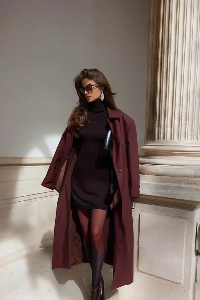 Oversized Maroon Trench Coat Over Mini Dress Oversized Maroon Trench Coat Over Mini Dress — Classy Maroon Outfits