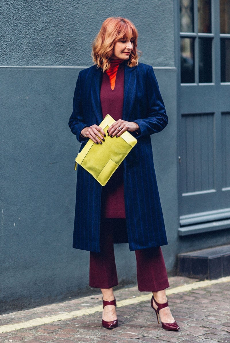 Navy Pinstripe Coat with Maroon Dress and Orange Turtleneck Navy Pinstripe Coat with Maroon Dress and Orange Turtleneck — Classy Maroon Outfits