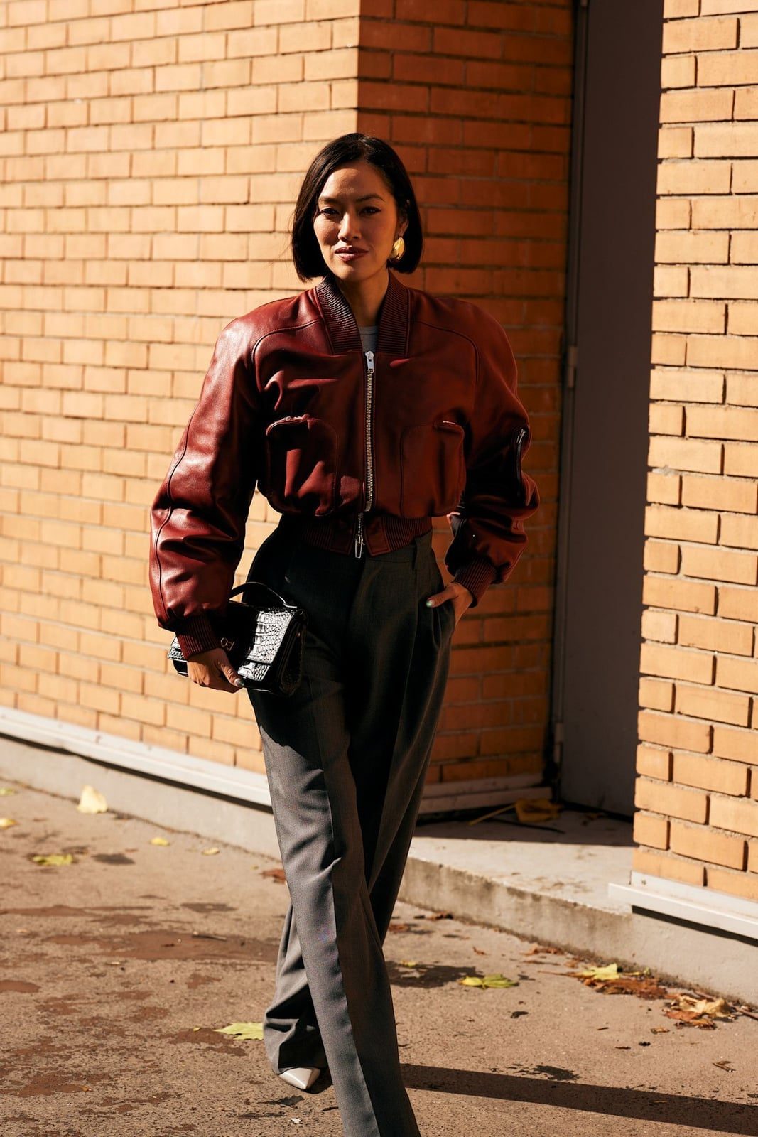 Maroon Leather Bomber Jacket and Grey Trousers Maroon Leather Bomber Jacket and Grey Trousers — Classy Maroon Outfits