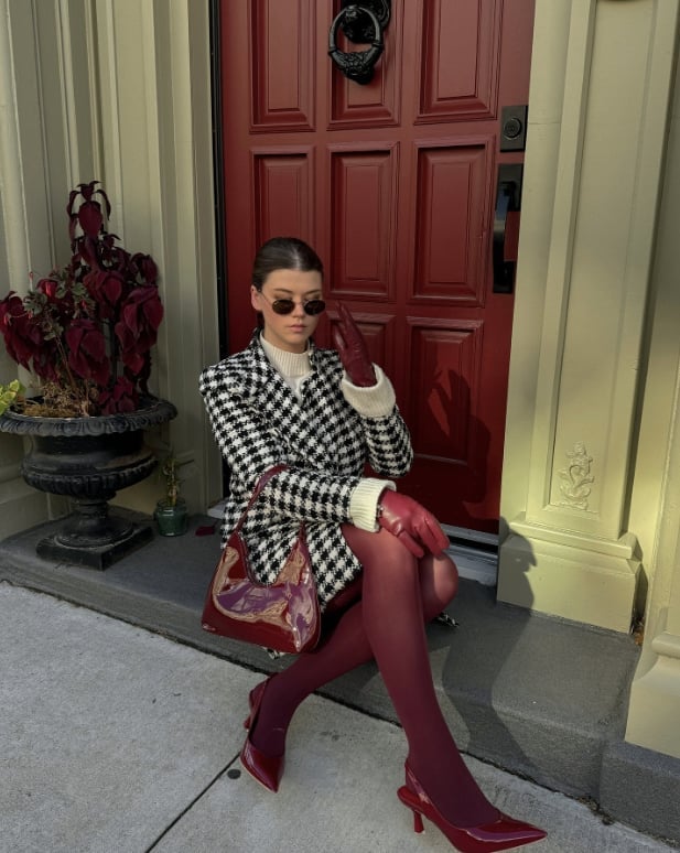 Houndstooth Blazer with Maroon Tights and Heels Houndstooth Blazer with Maroon Tights and Heels — Classy Maroon Outfits