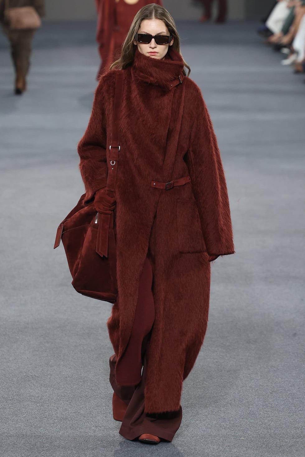 Oversized Fuzzy Wool Coat with Wide-Leg Trousers Oversized Fuzzy Wool Coat with Wide-Leg Trousers — Classy Maroon Outfits