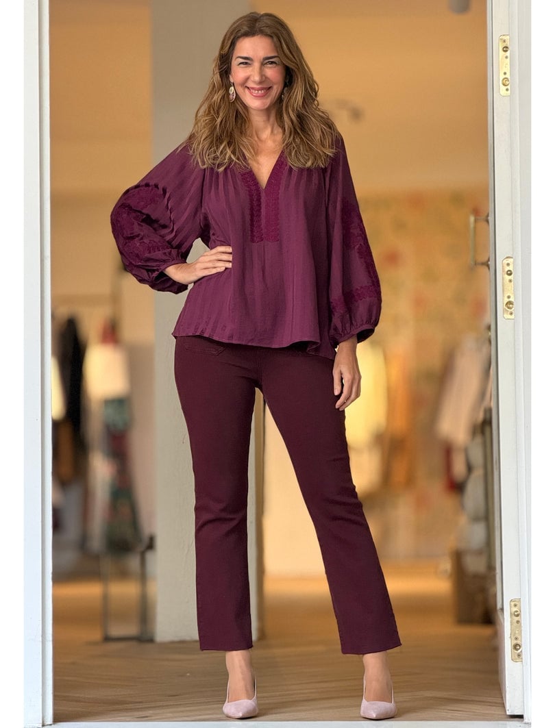 Maroon Blouse with Embroidered Sleeves and Flared Trousers Maroon Blouse with Embroidered Sleeves and Flared Trousers — Classy Maroon Outfits