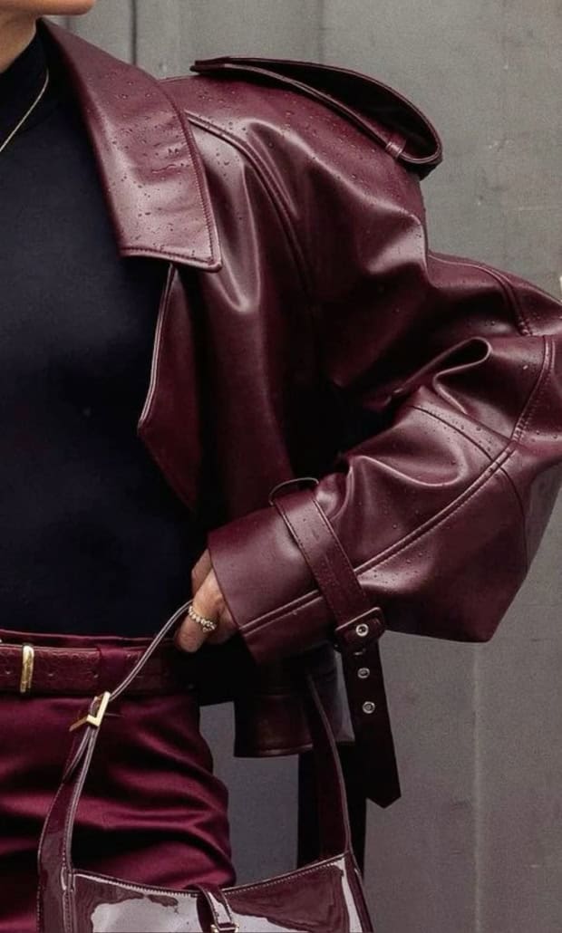 Burgundy Leather Jacket with Satin Trousers Burgundy Leather Jacket with Satin Trousers — Classy Maroon Outfits