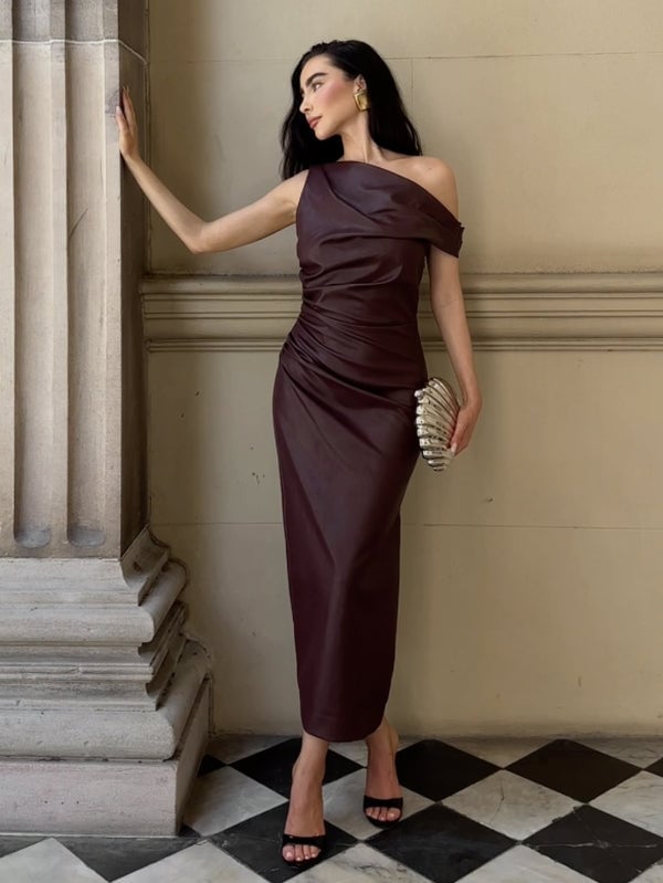 Burgundy Draped Dress with Asymmetrical Neckline Burgundy Draped Dress with Asymmetrical Neckline — Classy Maroon Outfits