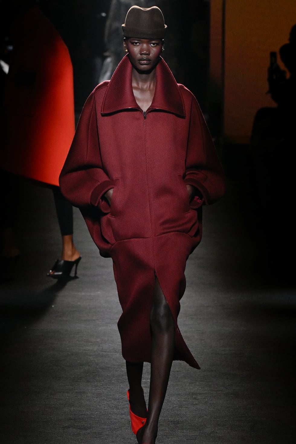 Voluminous Maroon Coat Dress on Runway Voluminous Maroon Coat Dress on Runway — Classy Maroon Outfits