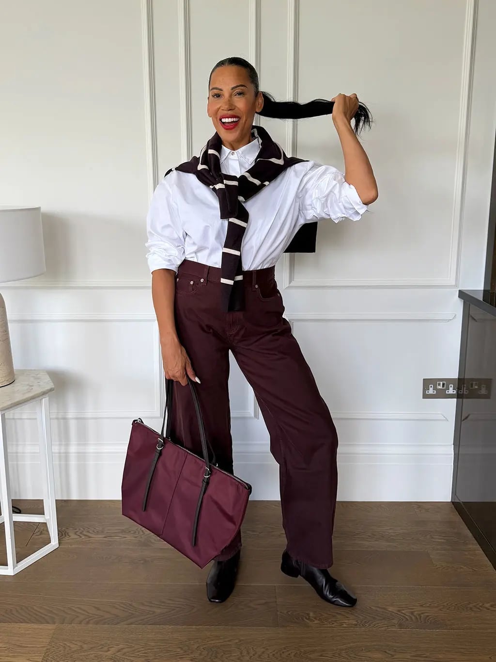 Maroon Wide-Leg Trousers and Striped Sweater Maroon Wide-Leg Trousers and Striped Sweater — Classy Maroon Outfits