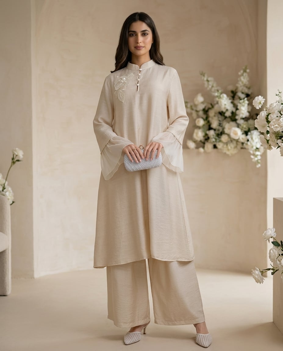 Cream Embellished Tunic and Wide-Leg Trousers for Evening Cream Embellished Tunic and Wide-Leg Trousers for Evening — Classy Matching Set Outfits