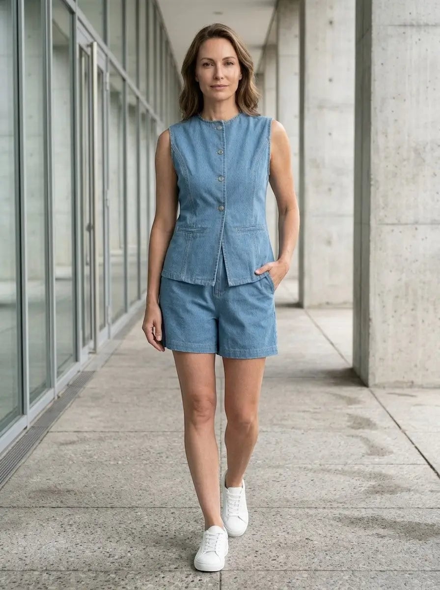 Light Blue Denim Vest and Shorts Set for Casual Wear Classy Matching Set Outfits