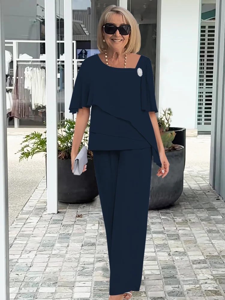 Navy Layered Asymmetrical Top and Wide-Leg Trousers for Cocktail Navy Layered Asymmetrical Top and Wide-Leg Trousers for Cocktail — Classy Matching Set Outfits