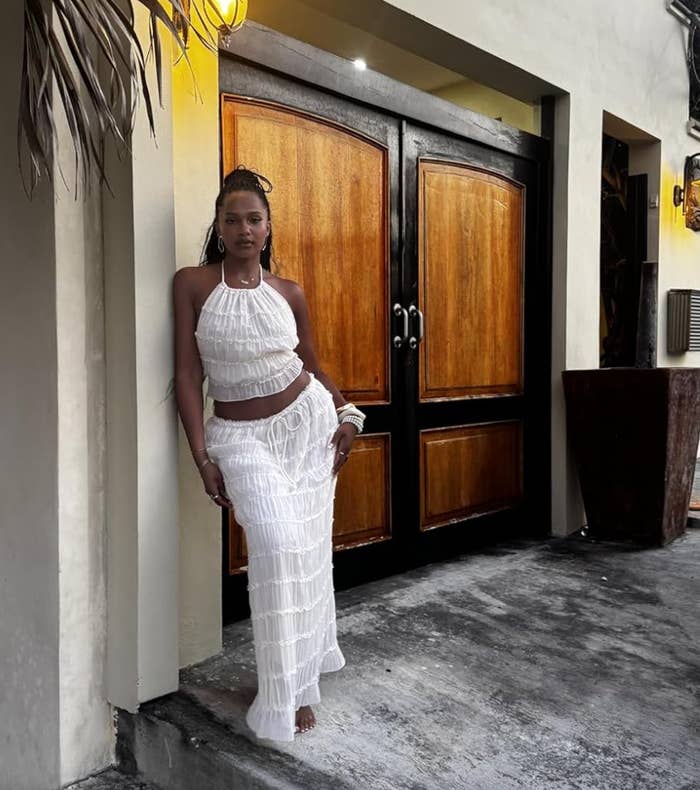 White Textured Halter Crop Top and Maxi Skirt for Beach Vacation White Textured Halter Crop Top and Maxi Skirt for Beach Vacation — Classy Matching Set Outfits