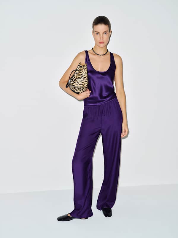 Deep Purple Satin Camisole and Wide-Leg Trousers for Evening Deep Purple Satin Camisole and Wide-Leg Trousers for Evening — Classy Matching Set Outfits