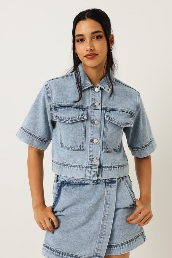 Light Blue Denim Jacket and Wrap Skirt for Casual Style Light Blue Denim Jacket and Wrap Skirt for Casual Style — Classy Matching Set Outfits