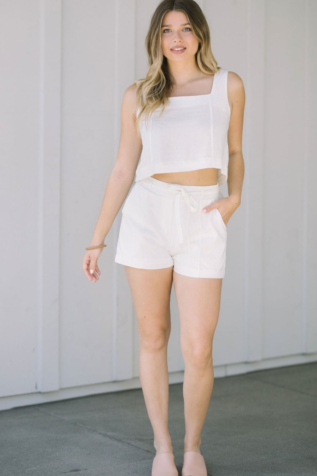 White Linen Blend Cropped Tank and Drawstring Shorts for Casual White Linen Blend Cropped Tank and Drawstring Shorts for Casual — Classy Matching Set Outfits