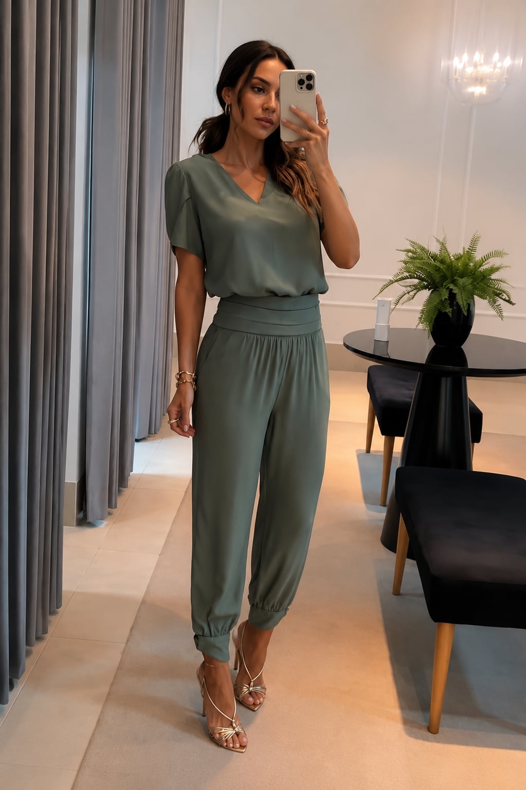 Olive Green Relaxed Fit Top and Trousers for Casual Day Wear Classy Matching Set Outfits