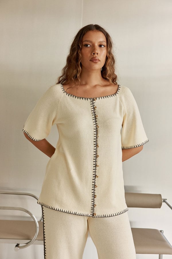 Cream Ribbed Knit Set with Black Trim for Casual Wear Classy Matching Set Outfits