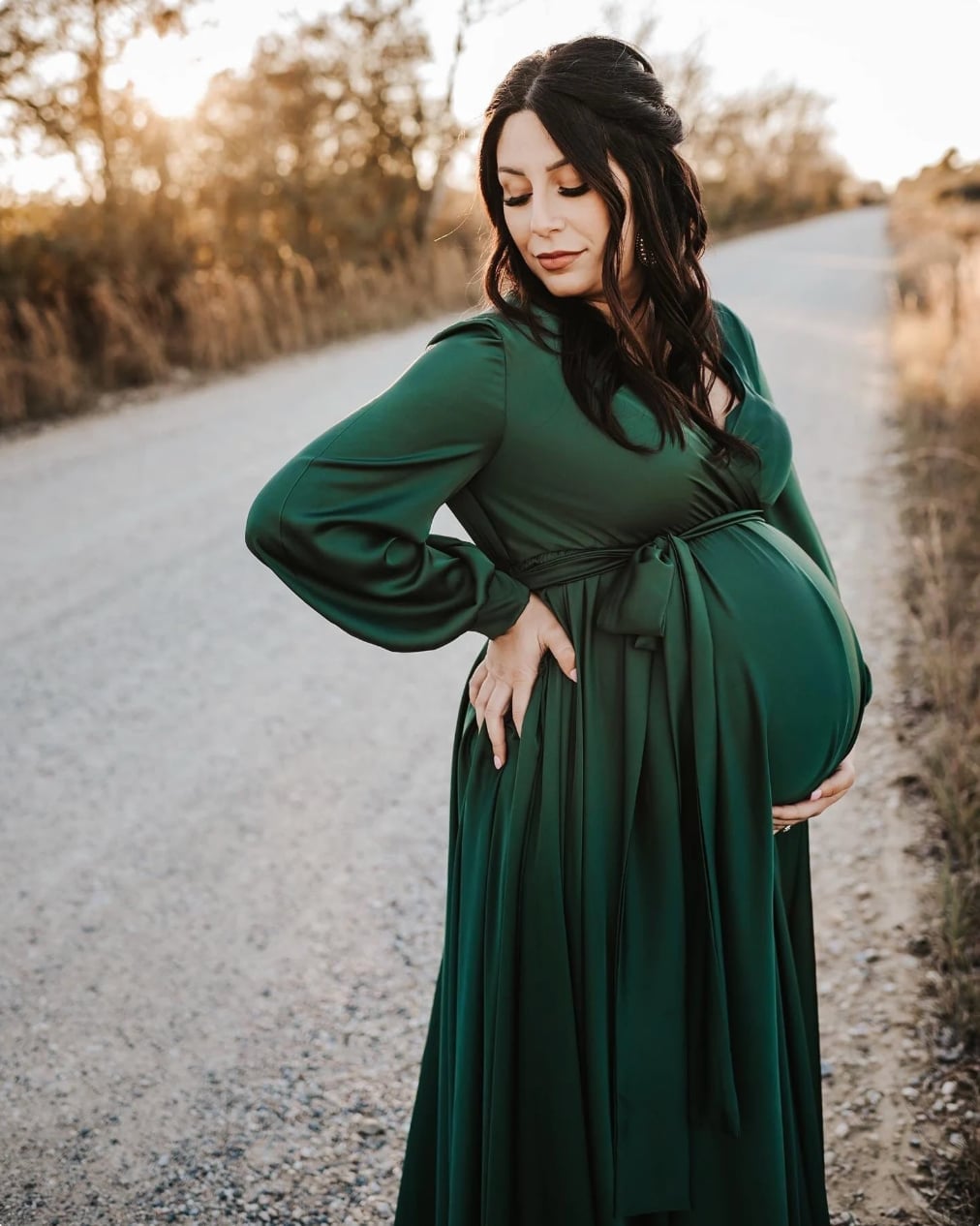 Green Satin Wrap Dress With Long Sleeves — Classy Maternity Photoshoot Outfits