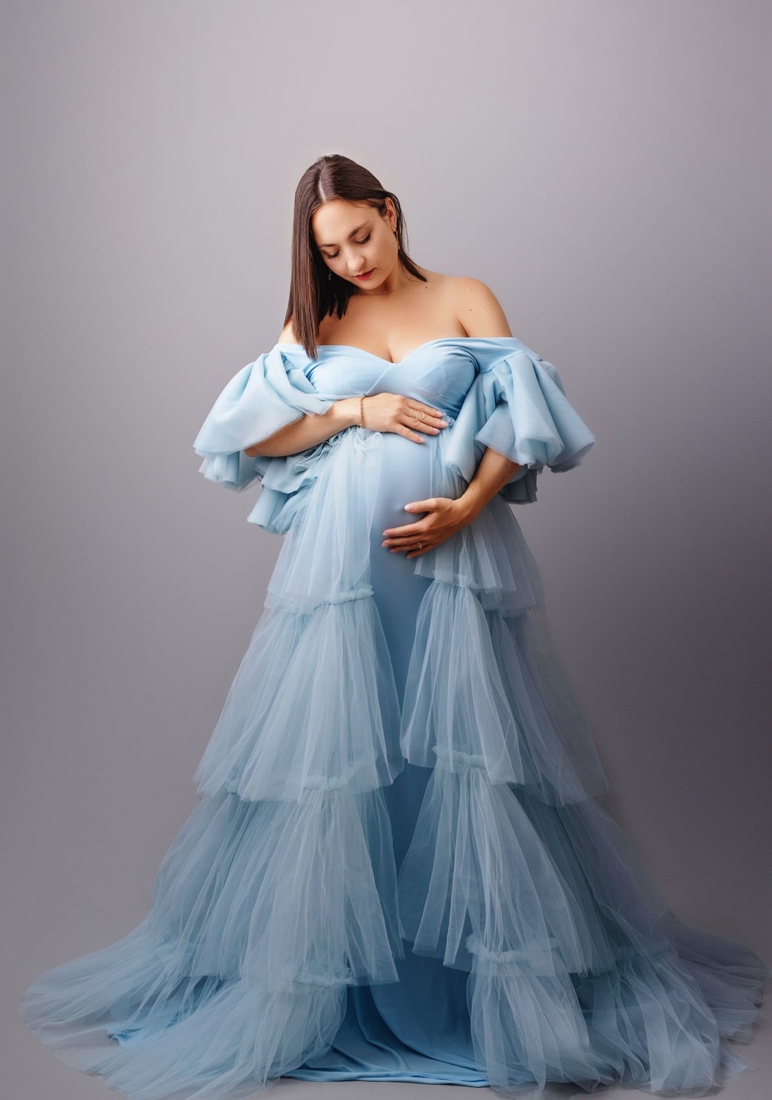 Light Blue Off-The-Shoulder Tiered Gown — Classy Maternity Photoshoot Outfits