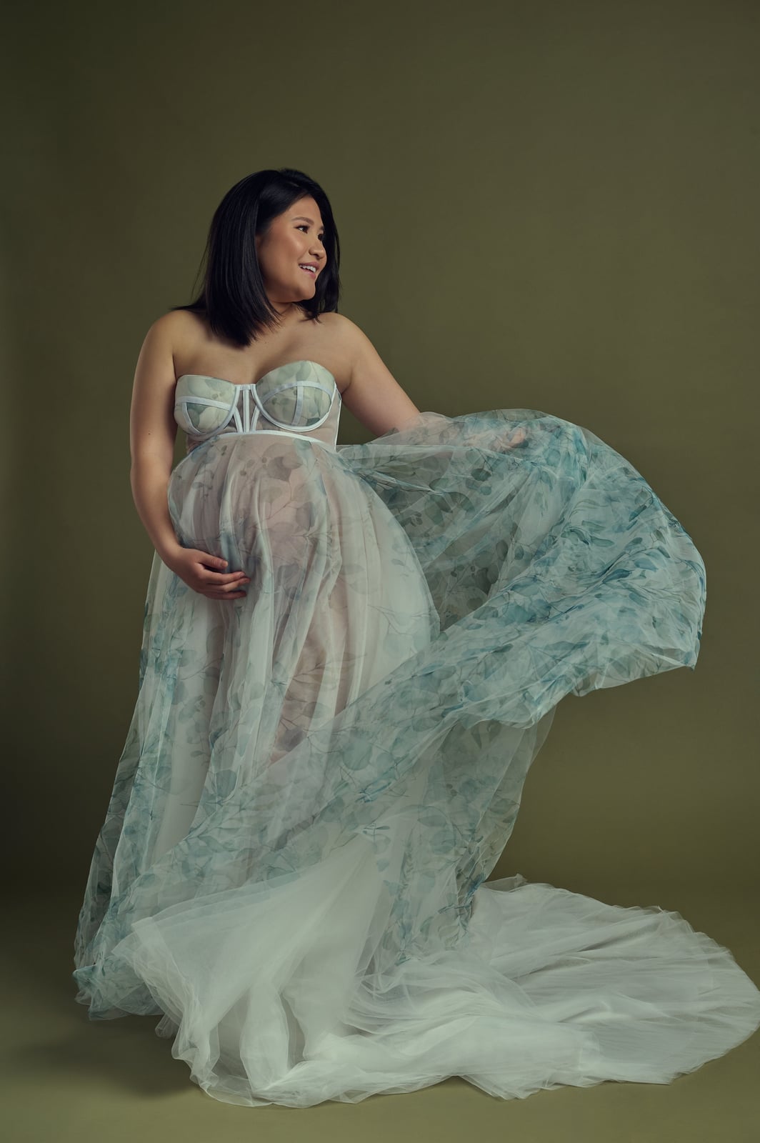 Sheer Floral Print Maternity Dress With Train — Classy Maternity Photoshoot Outfits
