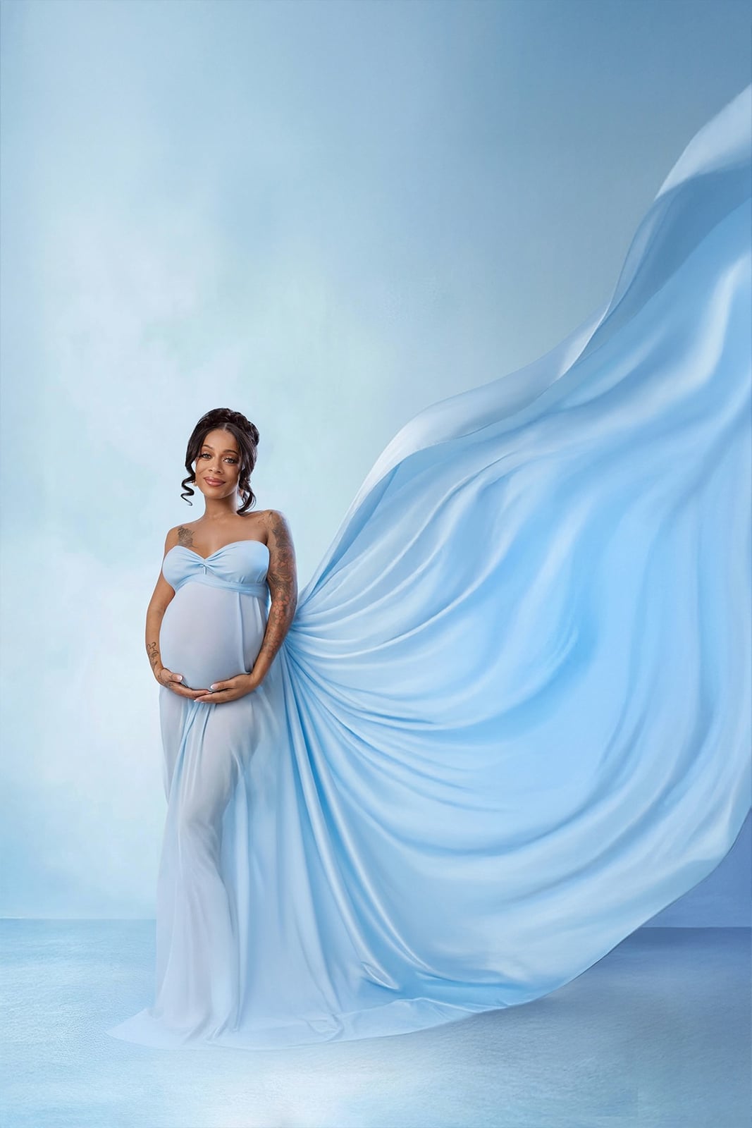 Light Blue Strapless Gown With Flowing Chiffon Overlay — Classy Maternity Photoshoot Outfits
