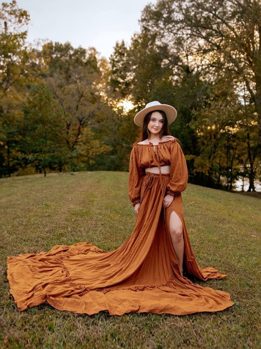 Burnt Orange Two-Piece Set With Ruffled Skirt Train — Classy Maternity Photoshoot Outfits