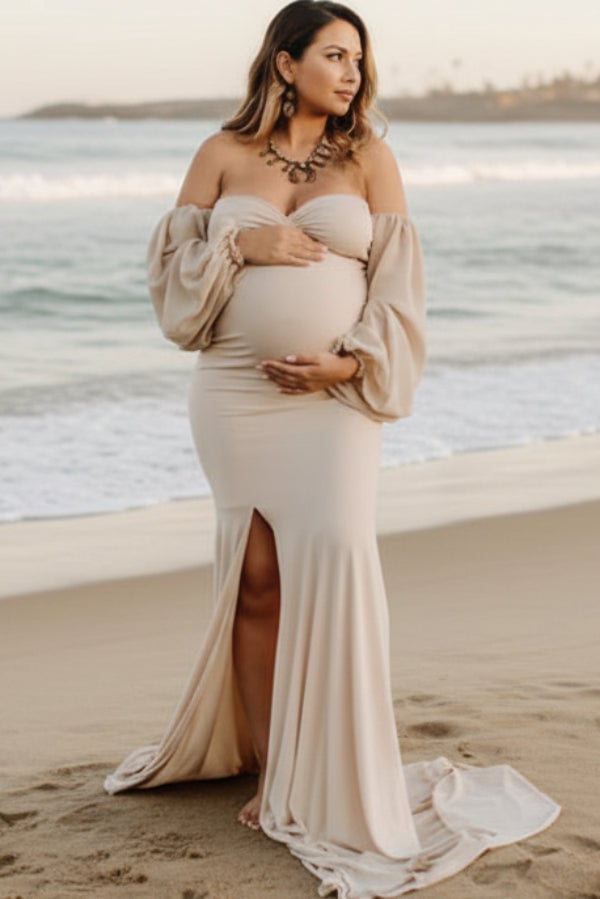 Beige Off-The-Shoulder Gown With Puff Sleeves — Classy Maternity Photoshoot Outfits