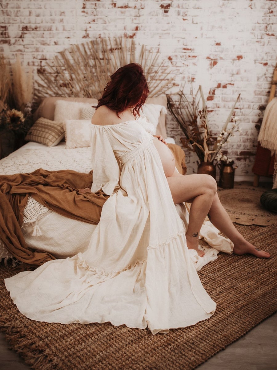 Cream Off-The-Shoulder Flowing Gauze Dress — Classy Maternity Photoshoot Outfits