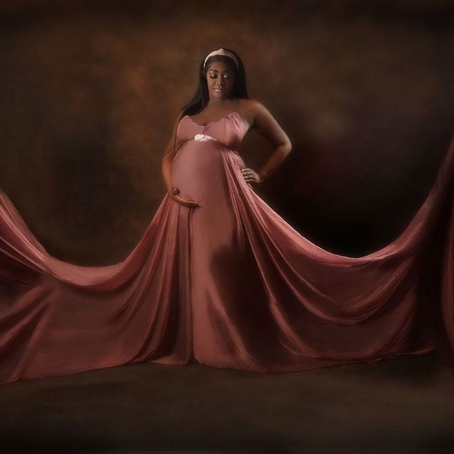 Rose Gold Off-The-Shoulder Satin Gown With Train — Classy Maternity Photoshoot Outfits
