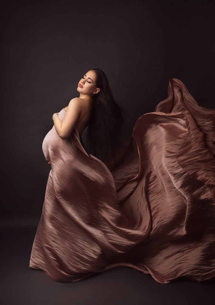 Rose Gold Draped Satin Gown, Close-Up Take — Classy Maternity Photoshoot Outfits