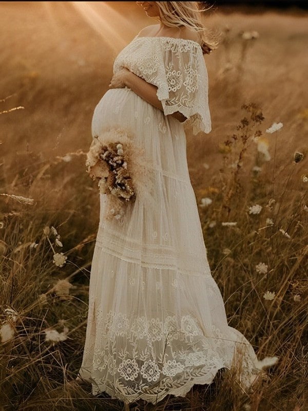 Ivory Lace Off-Shoulder Maternity Dress With Flutter Sleeves — Classy Maternity Photoshoot Outfits