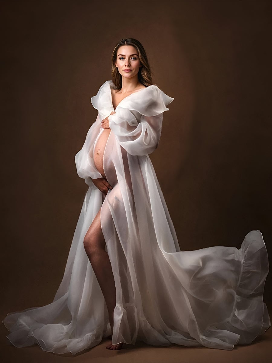 White Silk Organza Gown With Puffed Sleeves — Classy Maternity Photoshoot Outfits