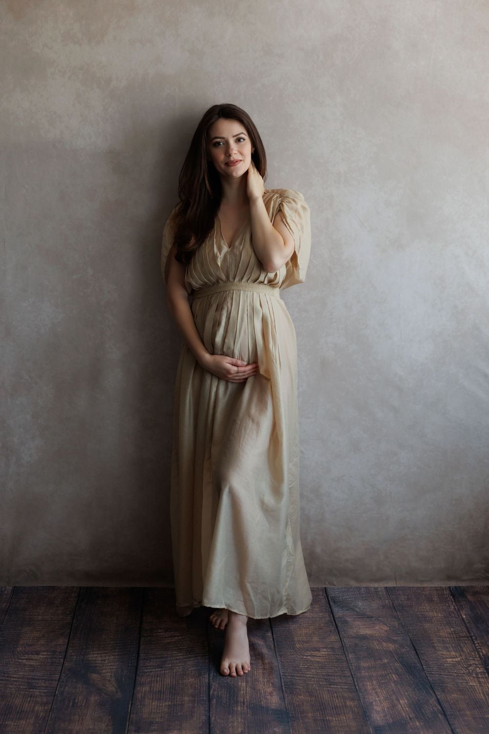 Beige Silk-Like Dress With Pleated Empire Waist — Classy Maternity Photoshoot Outfits