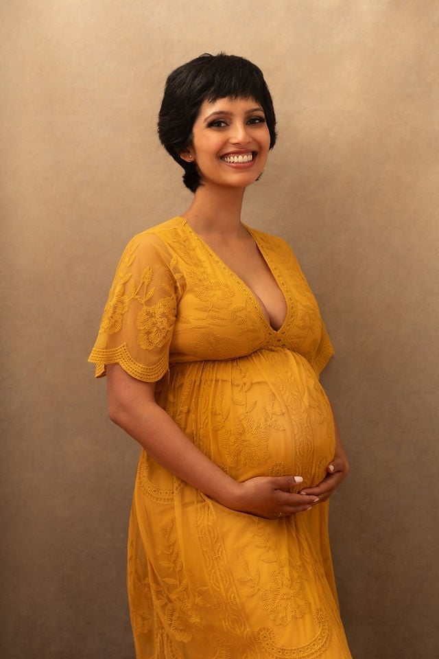 Vibrant Yellow Lace Overlay Dress — Classy Maternity Photoshoot Outfits