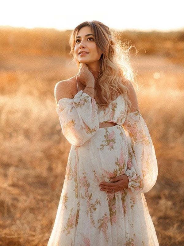 White Floral Print Maternity Dress With Cut-Outs — Classy Maternity Photoshoot Outfits