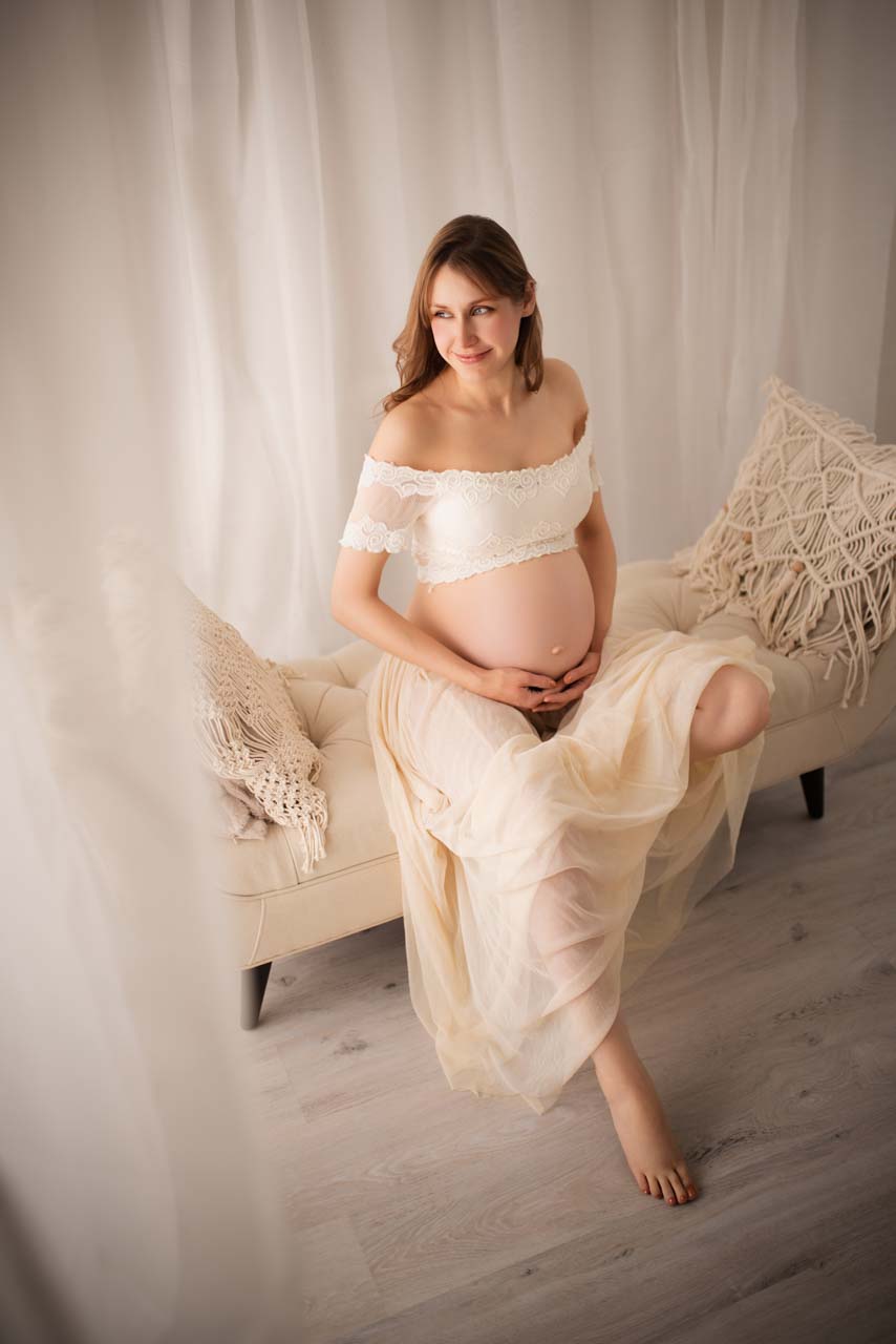 Ivory Lace Bralette With Flowing Sheer Skirt — Classy Maternity Photoshoot Outfits