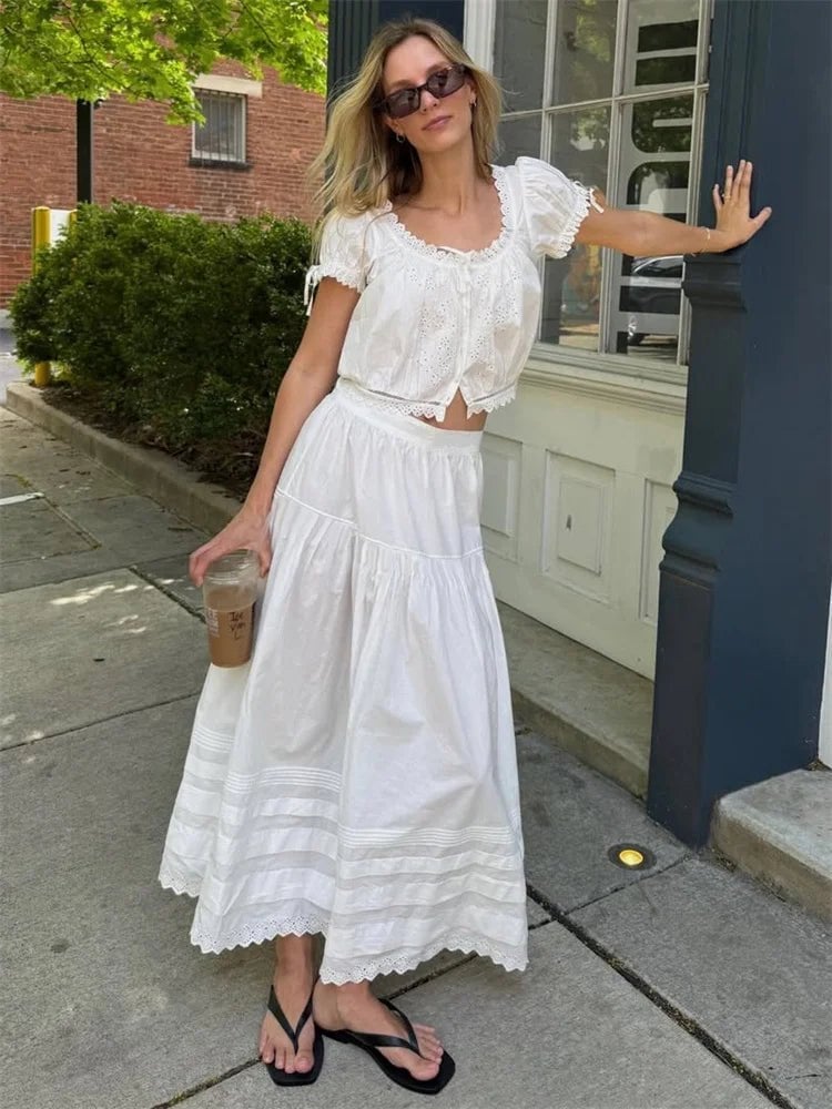 White Tiered Lace Maxi Skirt With Eyelet Top — Classy Maxi Skirt Outfits