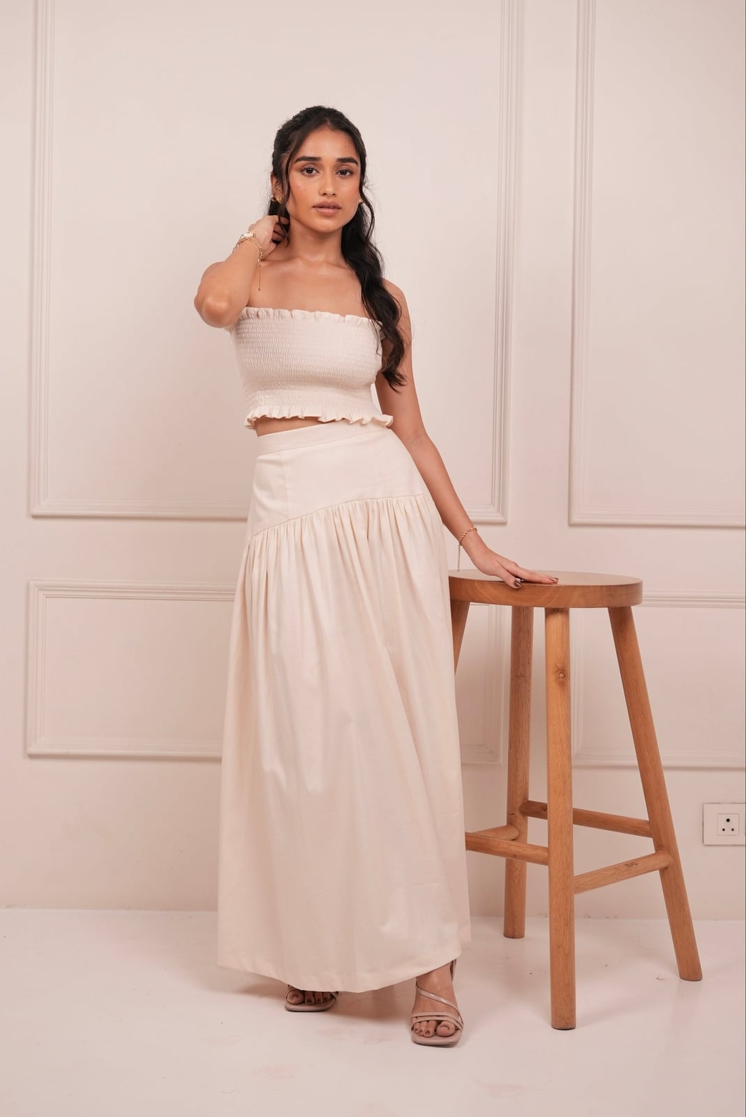 Cream Tiered Maxi Skirt With Smocked Top — Classy Maxi Skirt Outfits