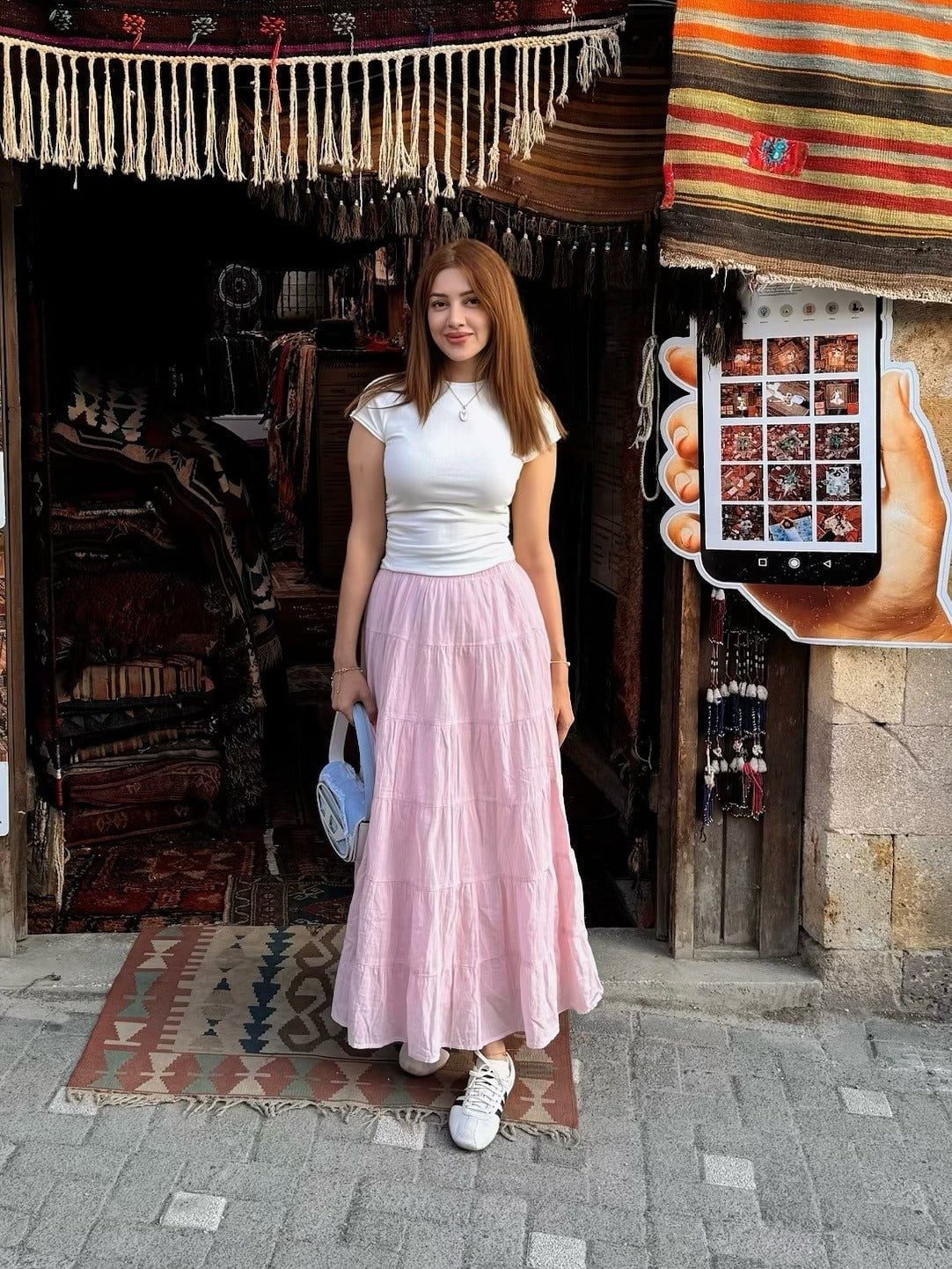 Pink Tiered Maxi Skirt With White Sneakers — Classy Maxi Skirt Outfits