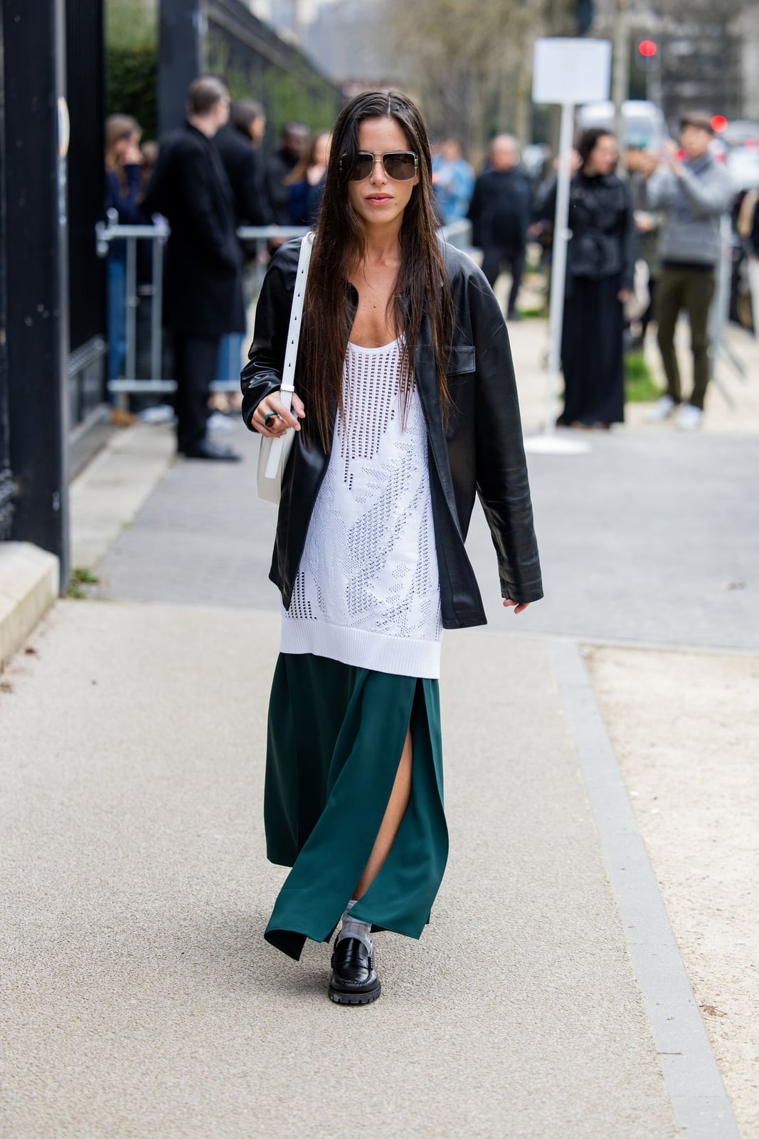 Dark Green Satin Maxi Skirt With Leather Jacket — Classy Maxi Skirt Outfits