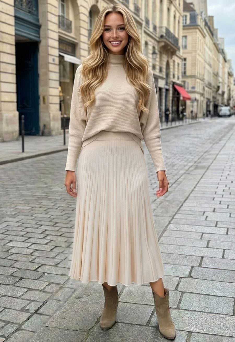 Beige Knit Sweater With Matching Pleated Skirt — Classy Maxi Skirt Outfits