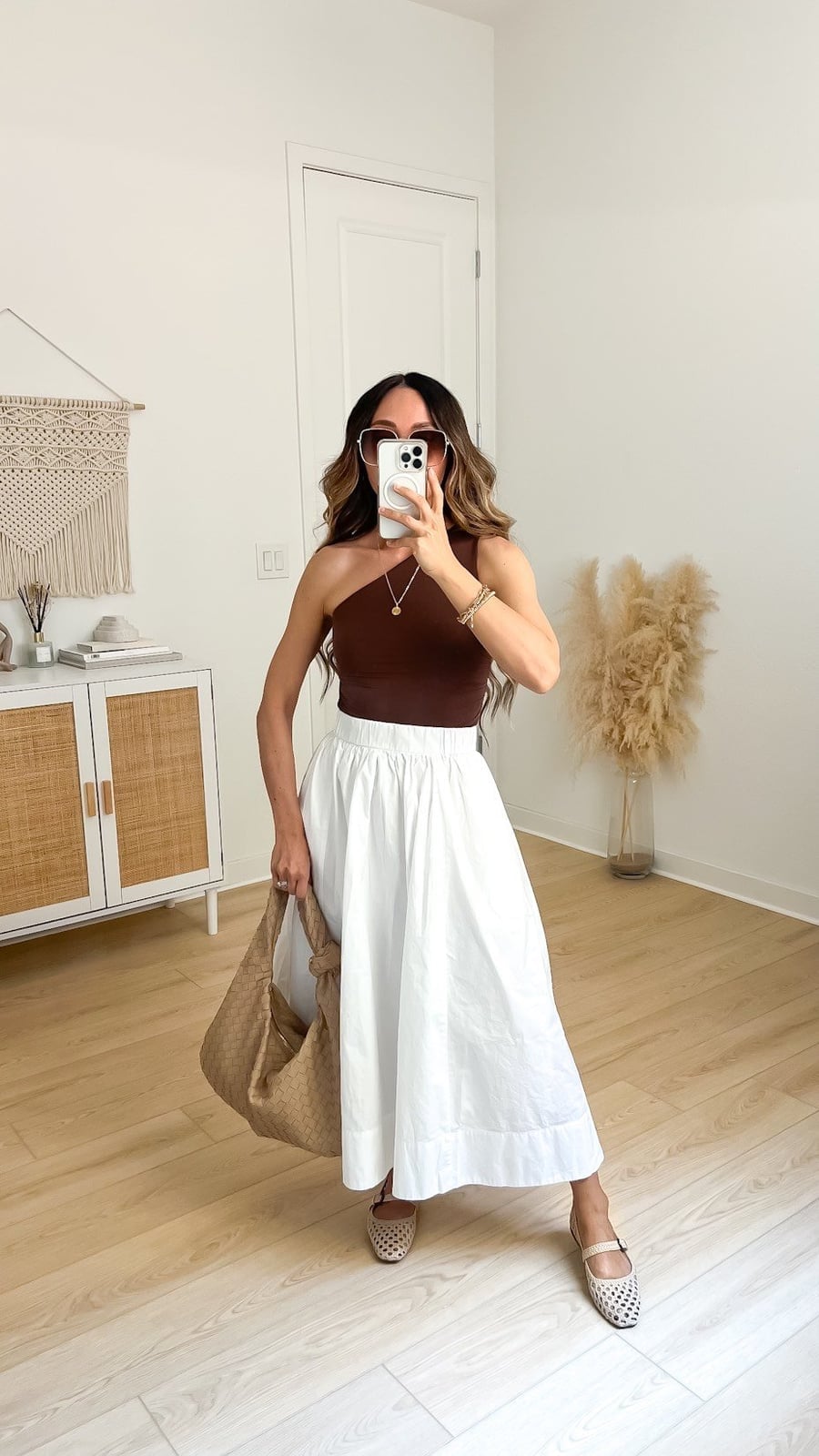 White Cotton Maxi Skirt With One-Shoulder Top — Classy Maxi Skirt Outfits