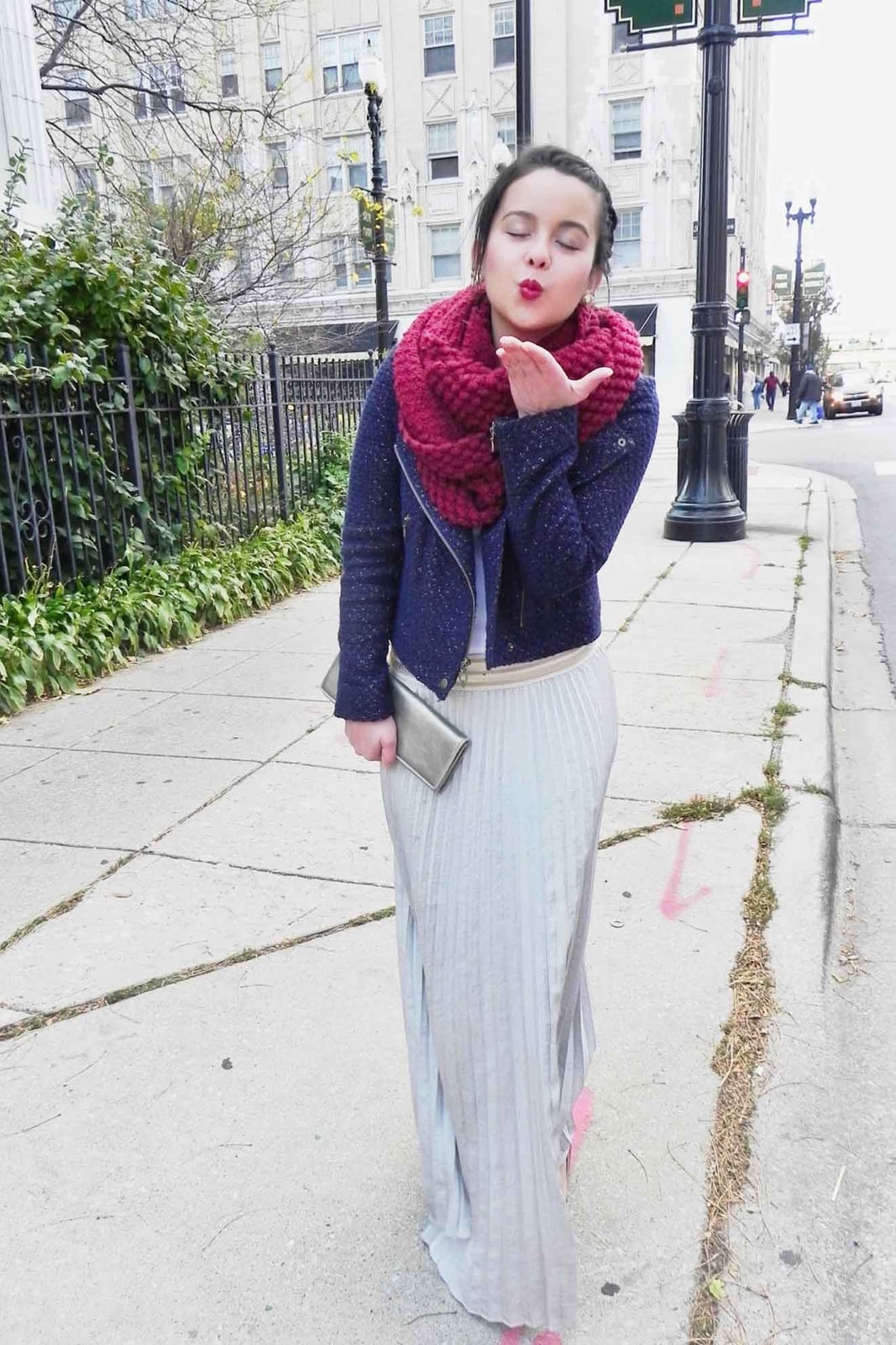 Grey Metallic Knit Maxi Skirt With Navy Jacket — Classy Maxi Skirt Outfits