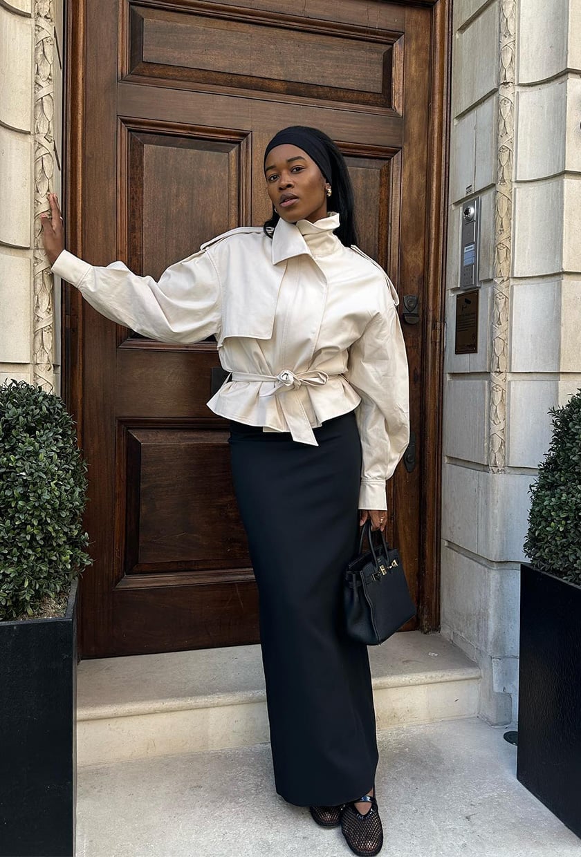 White Satin Maxi Skirt With Knit Top — Classy Maxi Skirt Outfits