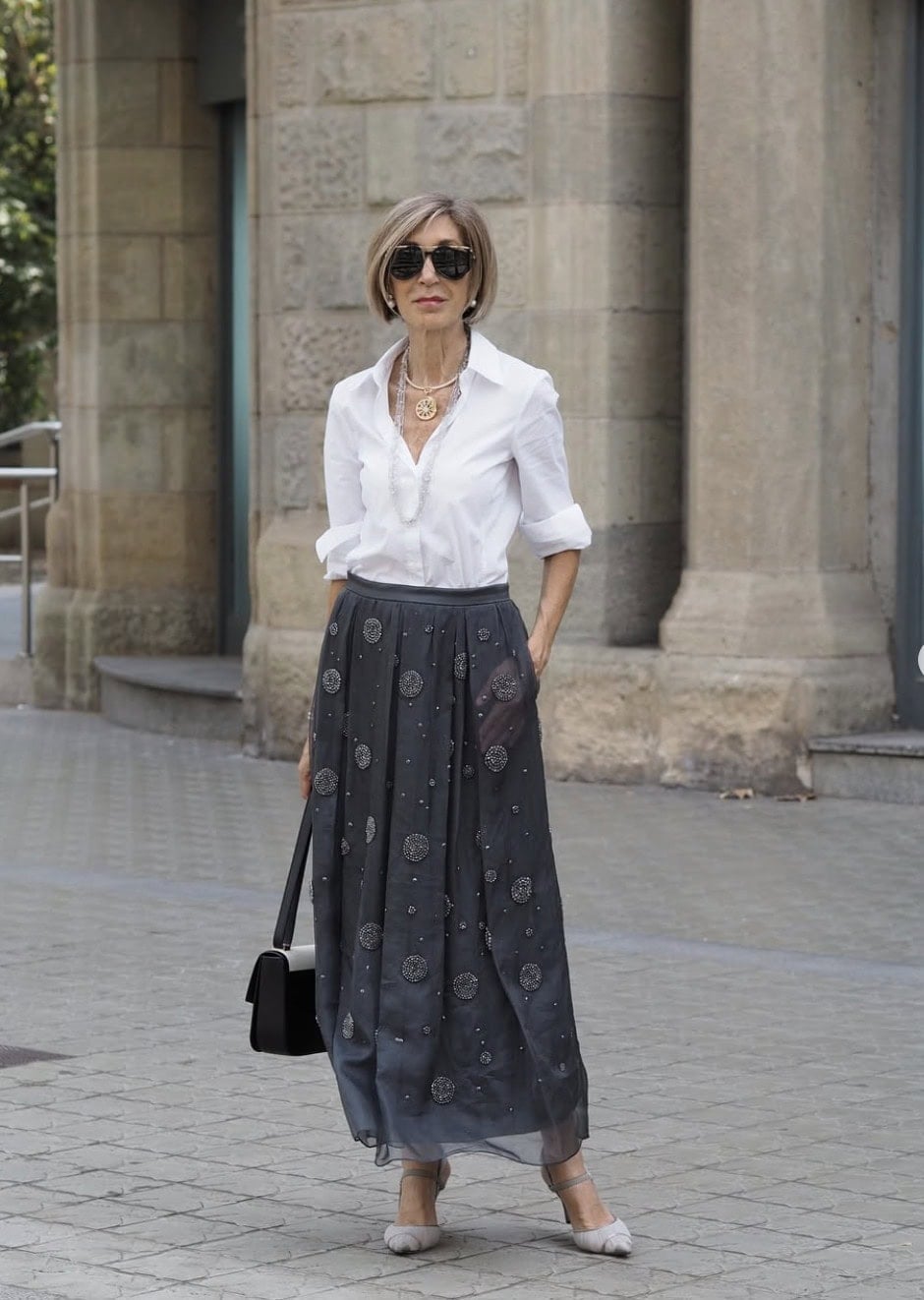 Grey Beaded Maxi Skirt With Button-Down Shirt — Classy Maxi Skirt Outfits