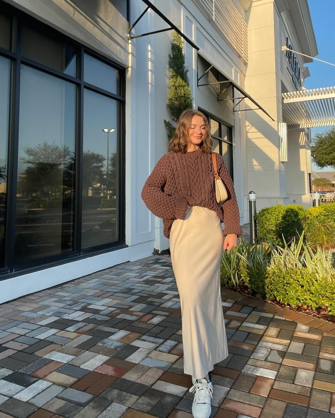 Beige Satin Maxi Skirt With Cable Knit Sweater — Classy Maxi Skirt Outfits