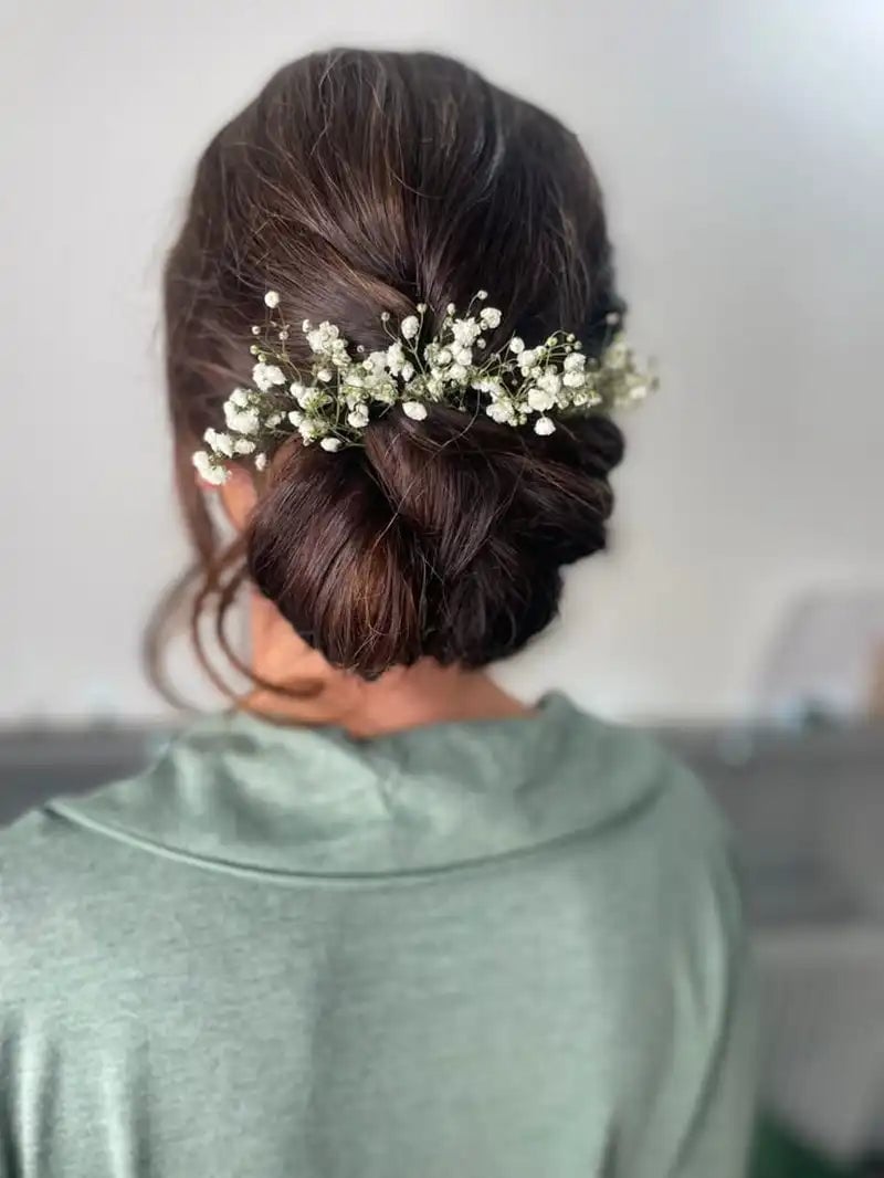 Braided Dark Brown Bun With Flowers Braided Dark Brown Bun With Flowers — Classy Messy Bun Outfit