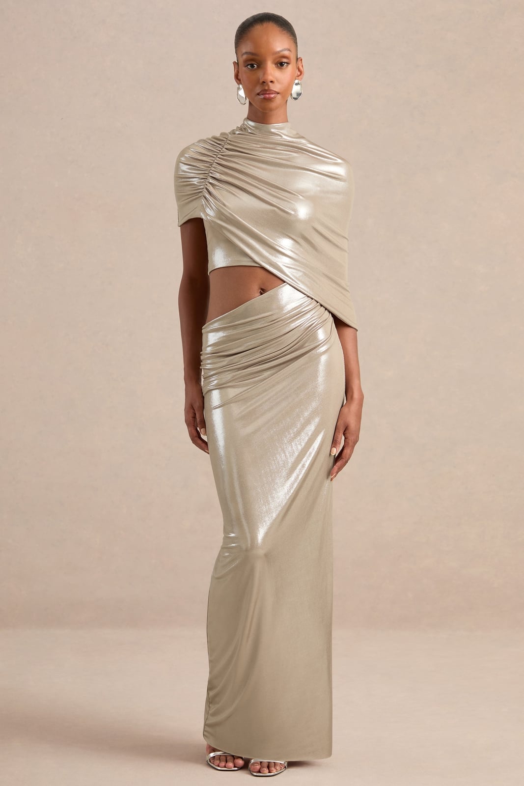Champagne Metallic Drape Dress with Waist Cutout Champagne Metallic Drape Dress with Waist Cutout — Classy Metallic Outfits