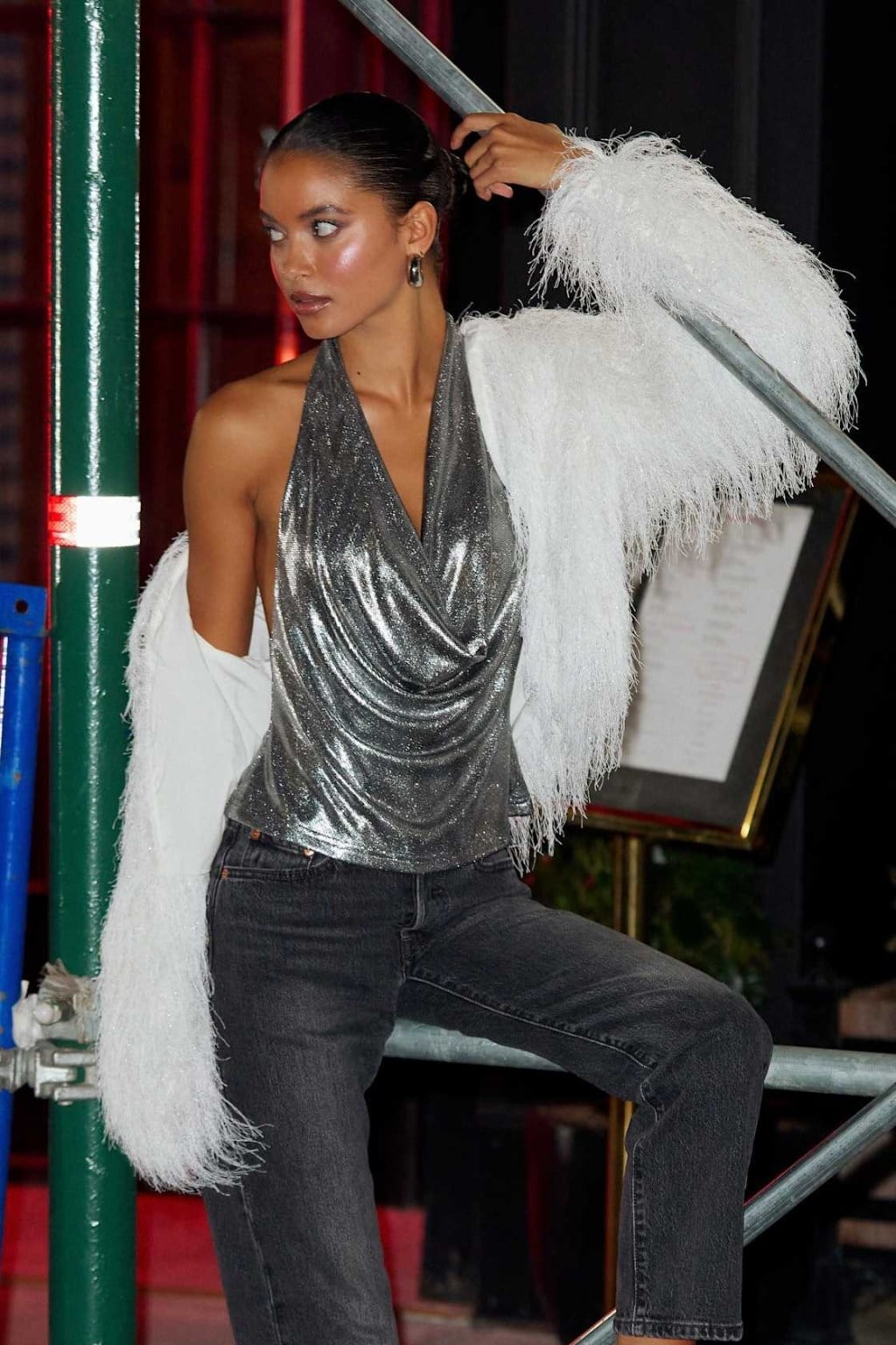 Silver Metallic Halter Top with Jeans Silver Metallic Halter Top with Jeans — Classy Metallic Outfits